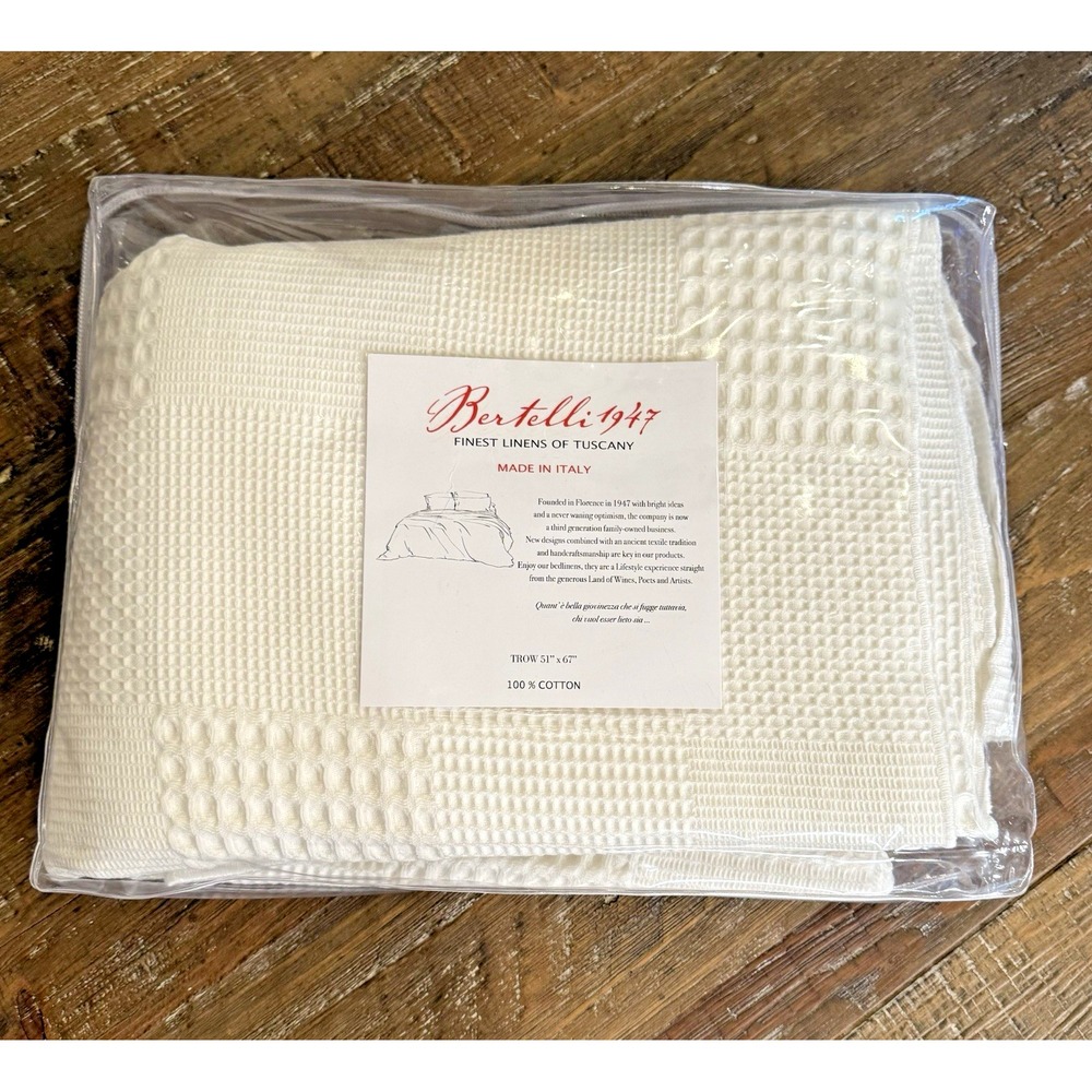 NWOT Bertelli 1947 Throw Blanket 100% Cotton Ivory Cream No Iron Italy 51" x 67"